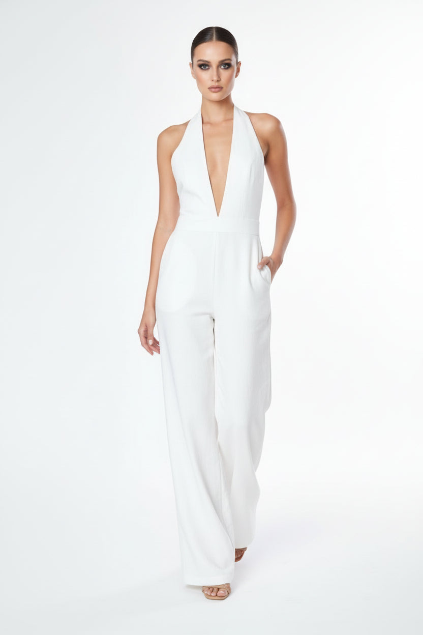 Deep Cut V Neck Flare Leg Jumpsuit
