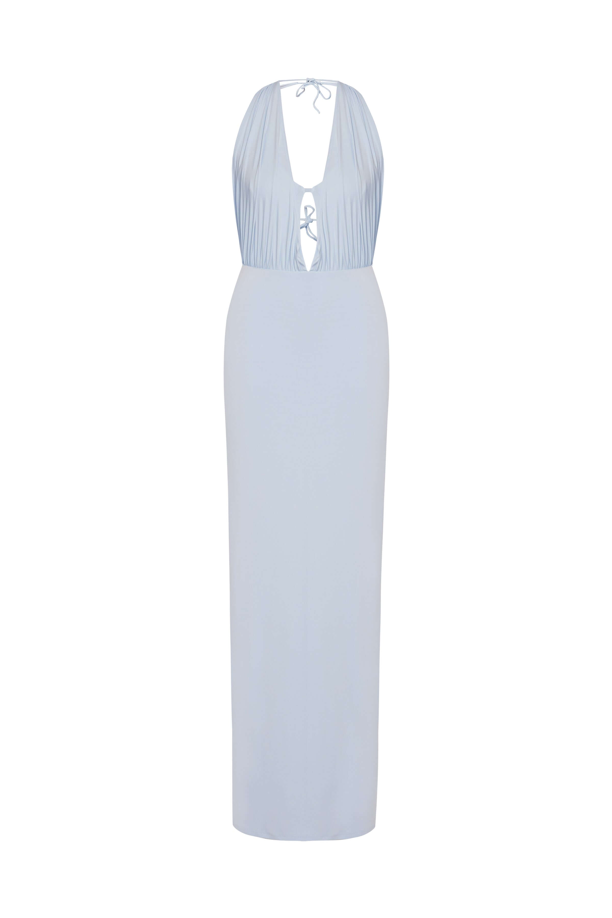JENDUE Siena Denim Maxi Dress - Elegant Halter Neck Cut-Out