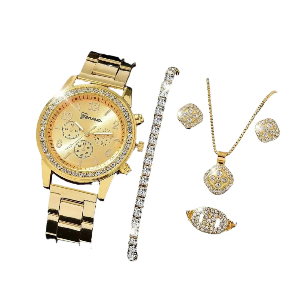 Womens Luxury 14k Gold Watch Jewelry Set (5PCS)