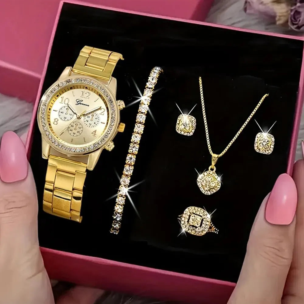 Womens Luxury 14k Gold Watch Jewelry Set (5PCS)