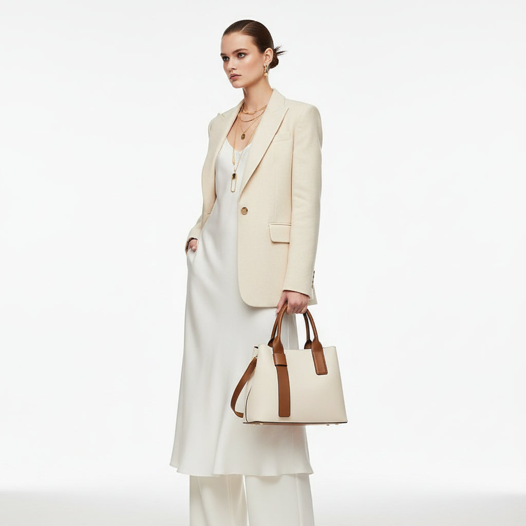 NNEDSZ Off White And Brown Retro Fashion Handbag - Elegant Tote with Large Capacity for Work and Daily Use