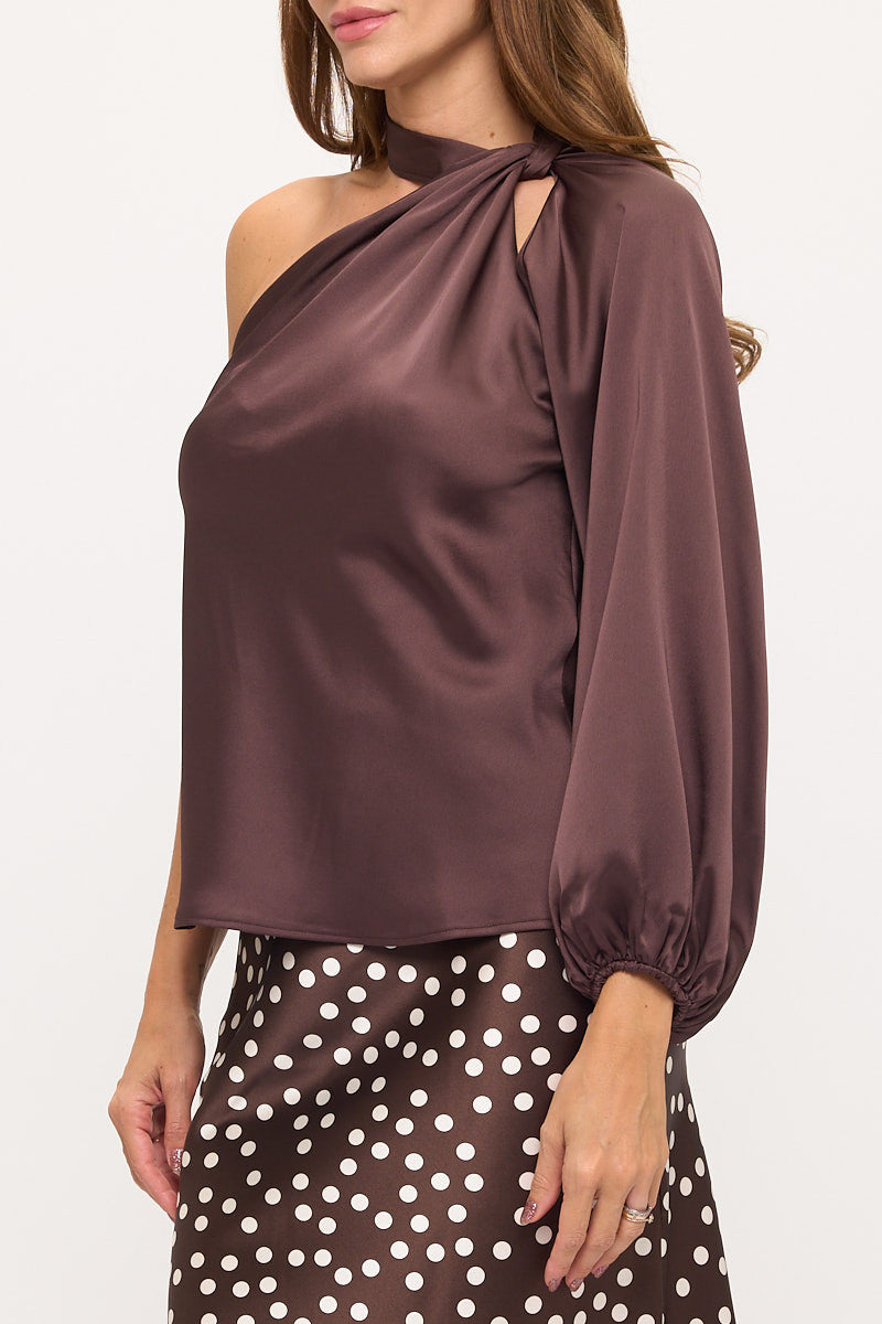 One Shoulder Long Sleeve Satin Top