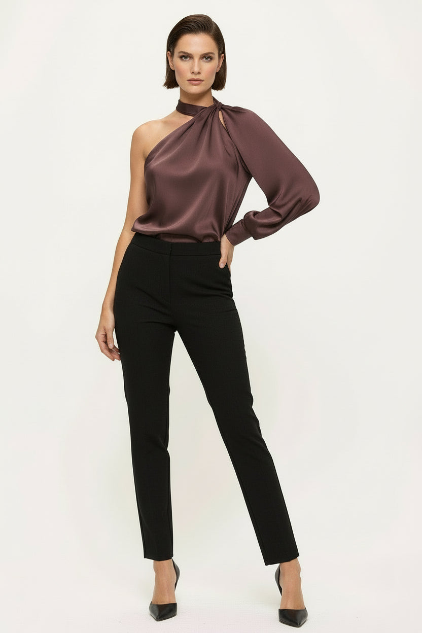 One Shoulder Long Sleeve Satin Top