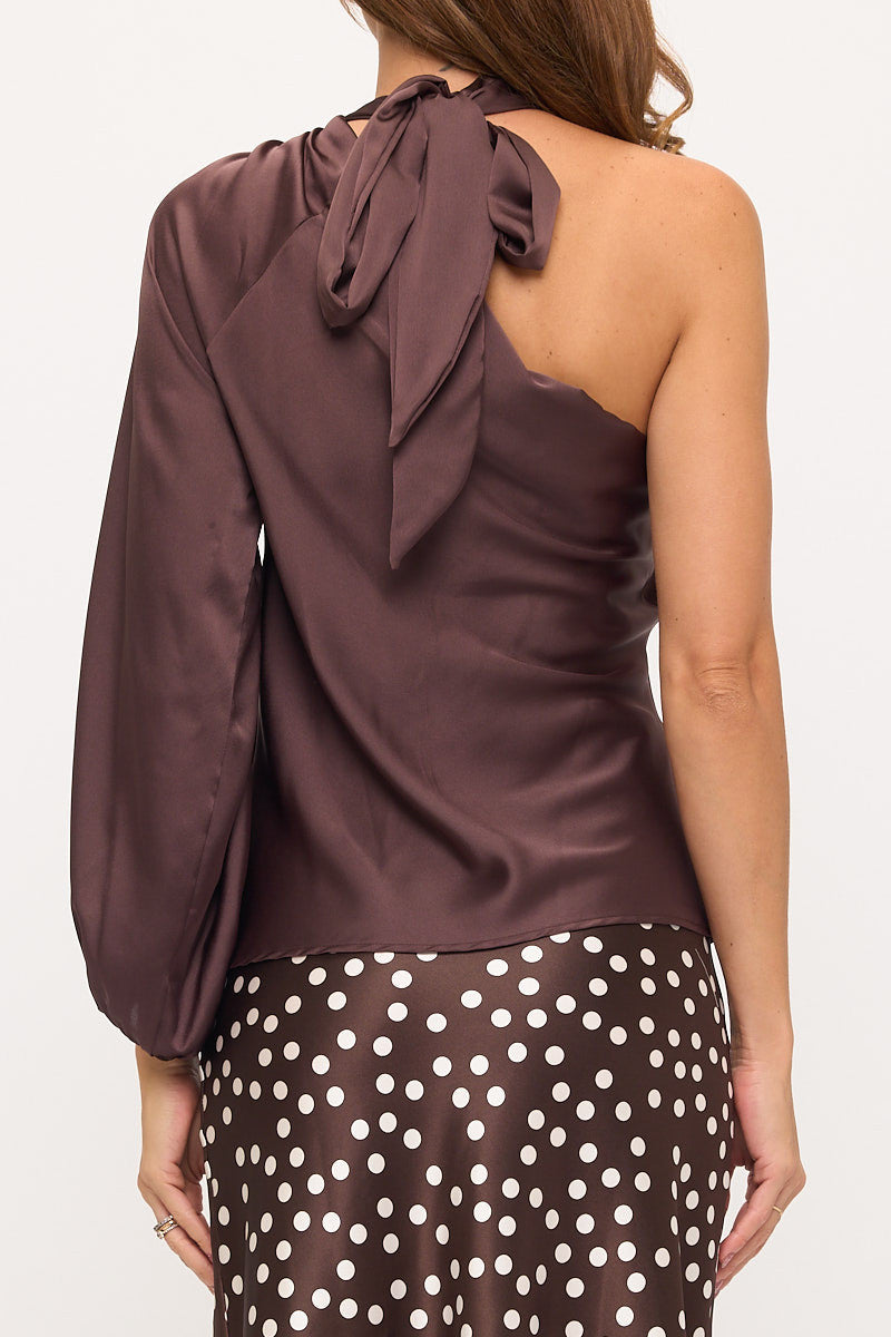 One Shoulder Long Sleeve Satin Top
