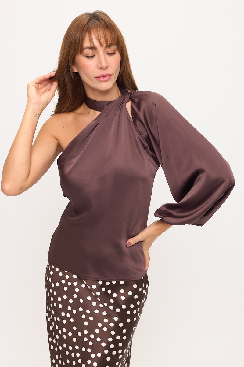 One Shoulder Long Sleeve Satin Top